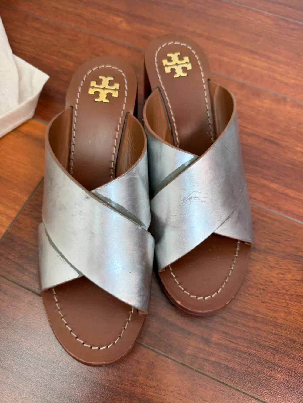 Tory Burch Montrose Stacked Block Heel in Silver size 7